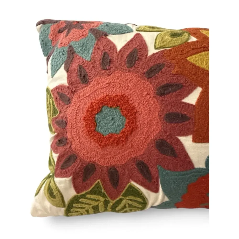 Pier 1 Imports Pillow Floral Embroidered Lumbar 19X13 Boho 3D Flower Applique